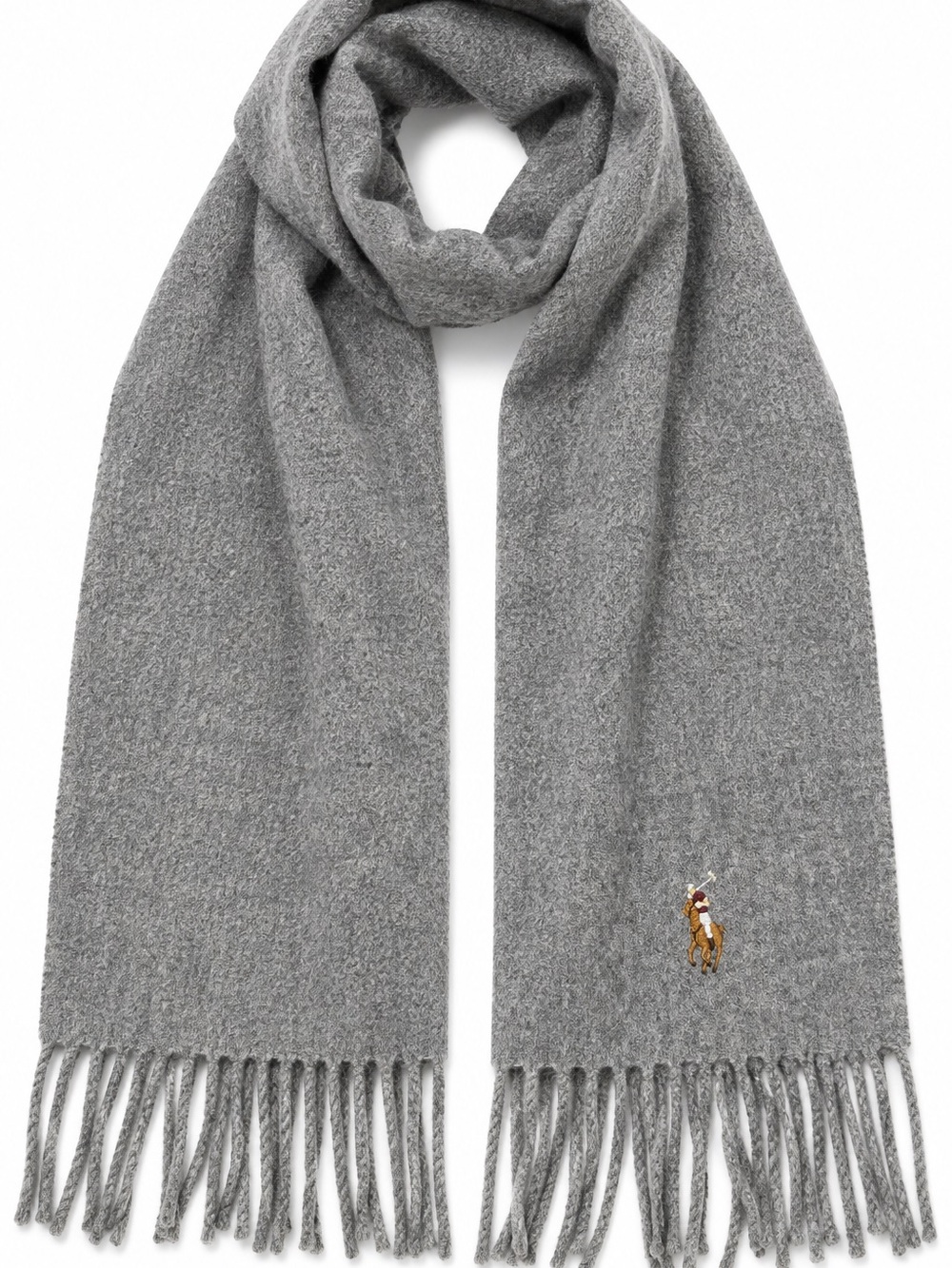 Ralph Lauren Heather Gray Wool and Cashmere Scarf with Embroidered Pony
